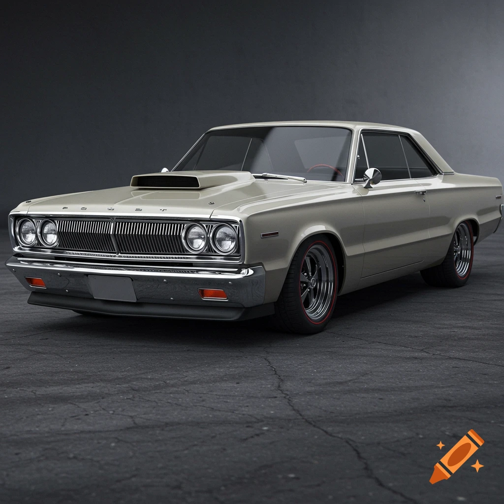 A photorealistic shot of a light beige classic muscle car with a prominent hood scoop and redline tires, parked on asphalt.