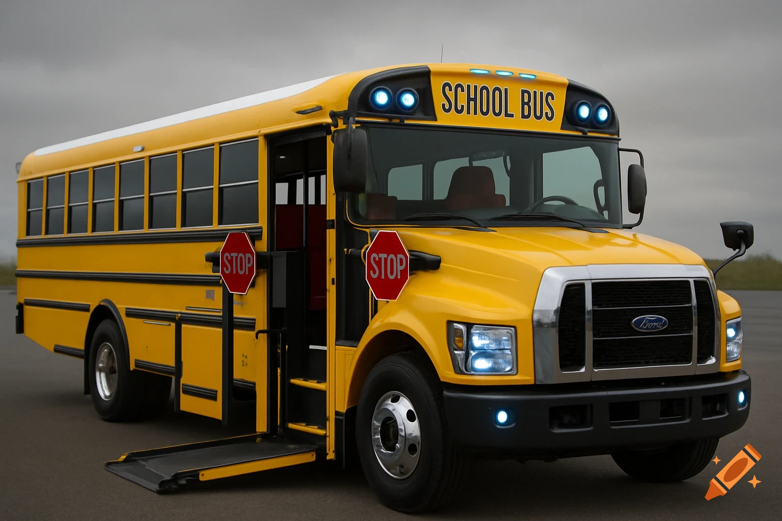 Bright yellow school bus with a deployed wheelchair lift and two extended stop signs, parked on asphalt under a cloudy sky.