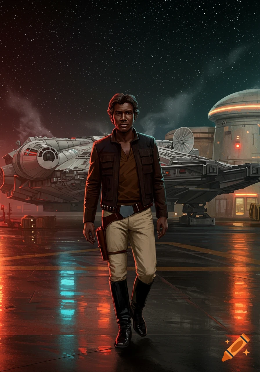 A Black man resembling Han Solo walks across a spaceport tarmac at night, with the Millennium Falcon behind him under a starry sky.