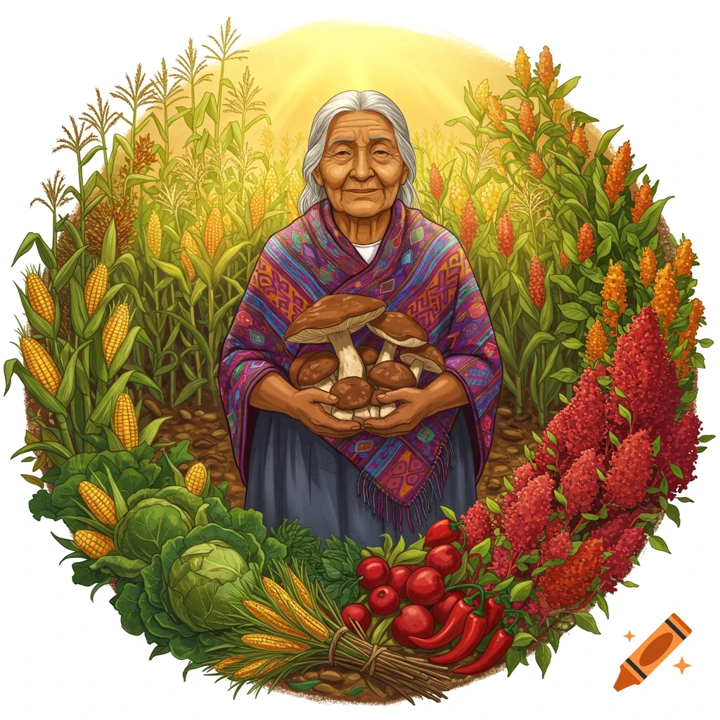 Illustration of an elderly woman in a patterned shawl holding mushrooms, surrounded by a circular border of indigenous crops including corn, cabbage, and peppers.