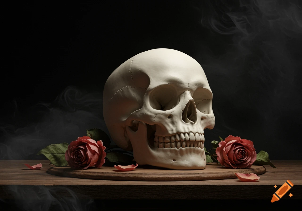 A realistic human skull on a wooden surface with red roses and smoke in a dark setting.