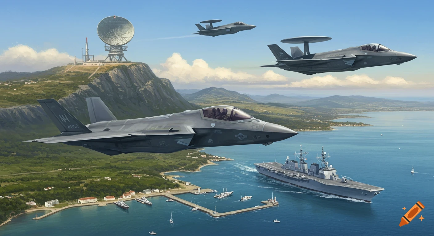 Three F35 jets and an E7A plane fly above a coastal landscape with a radar station and a destroyer ship.