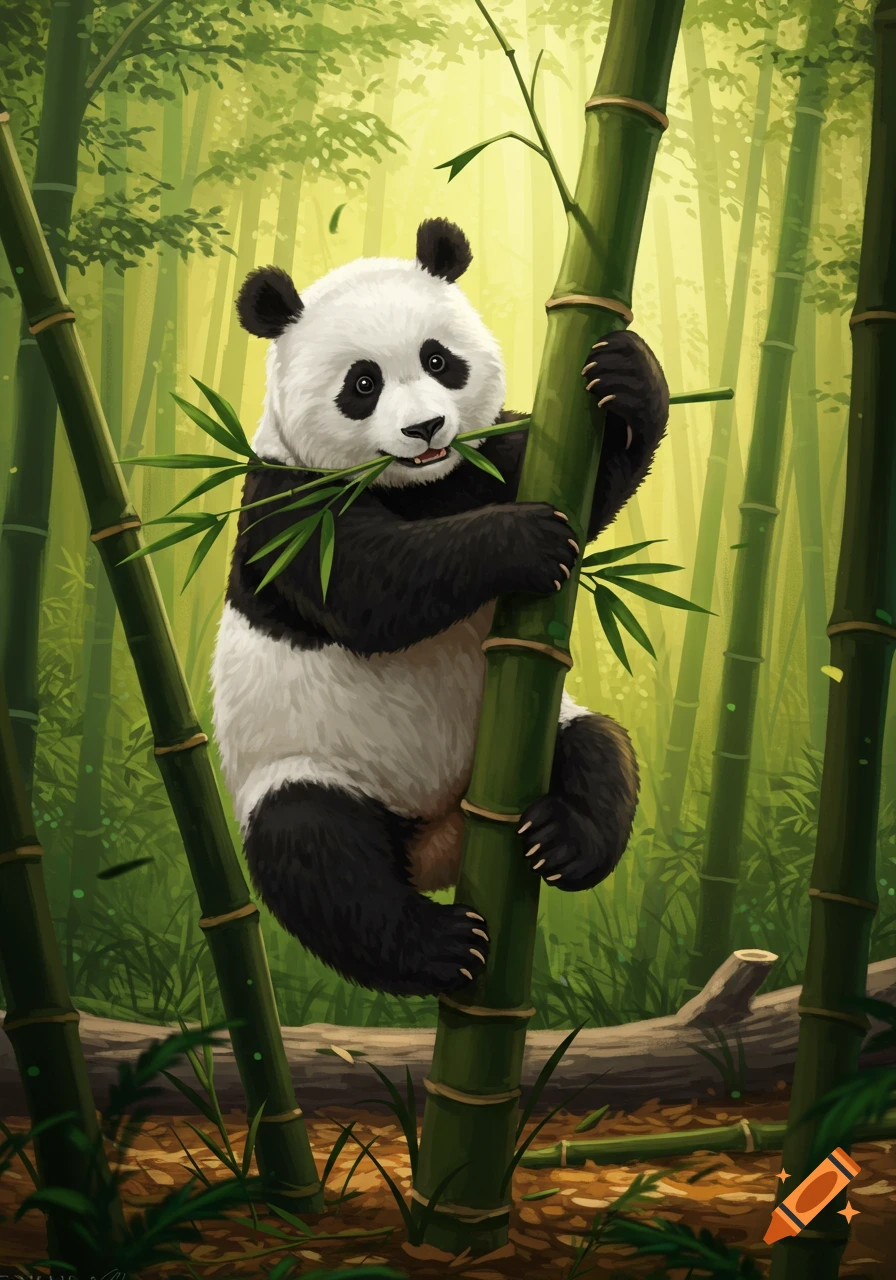 A cute panda clings to a bamboo stalk, eating bamboo leaves in a lush green bamboo forest, in a digital painting style.