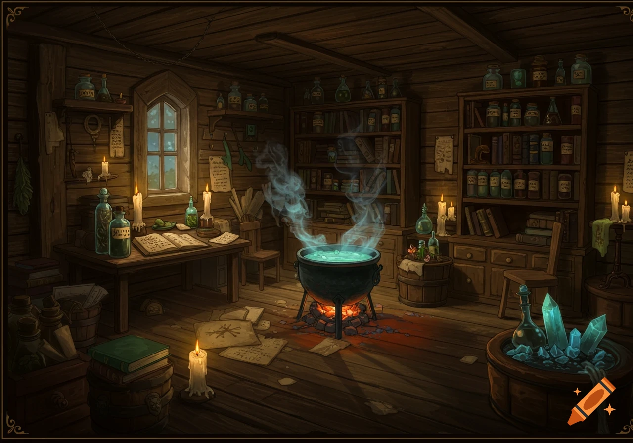 A dimly lit, rustic witch's study with a bubbling cauldron, shelves of books and potions, and scattered papers.
