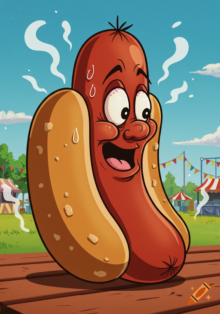 A cartoon hot dog character with sweat on its face and bun, standing on a wooden surface at a fairground, in the style of Tex Avery.