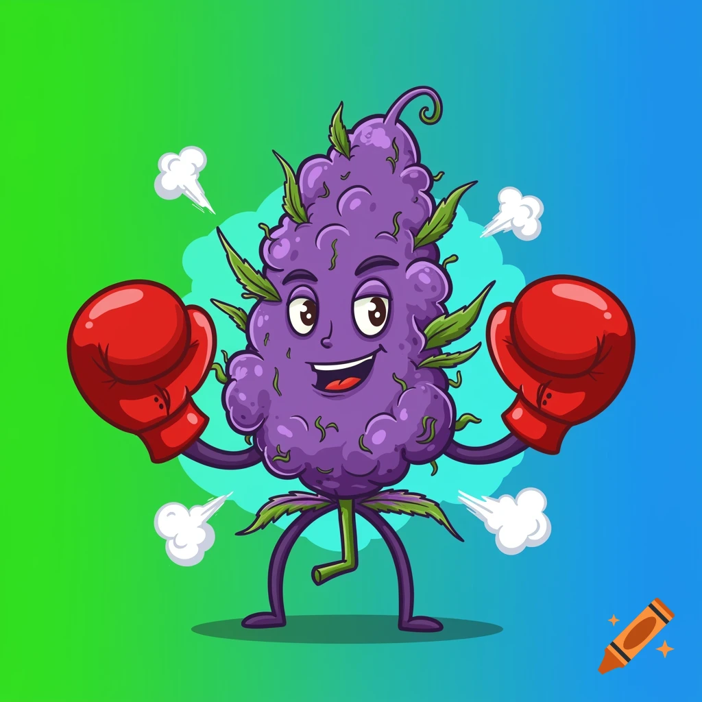 A cartoon purple cannabis bud wearing red boxing gloves, with smoke effects, on a colorful gradient background.