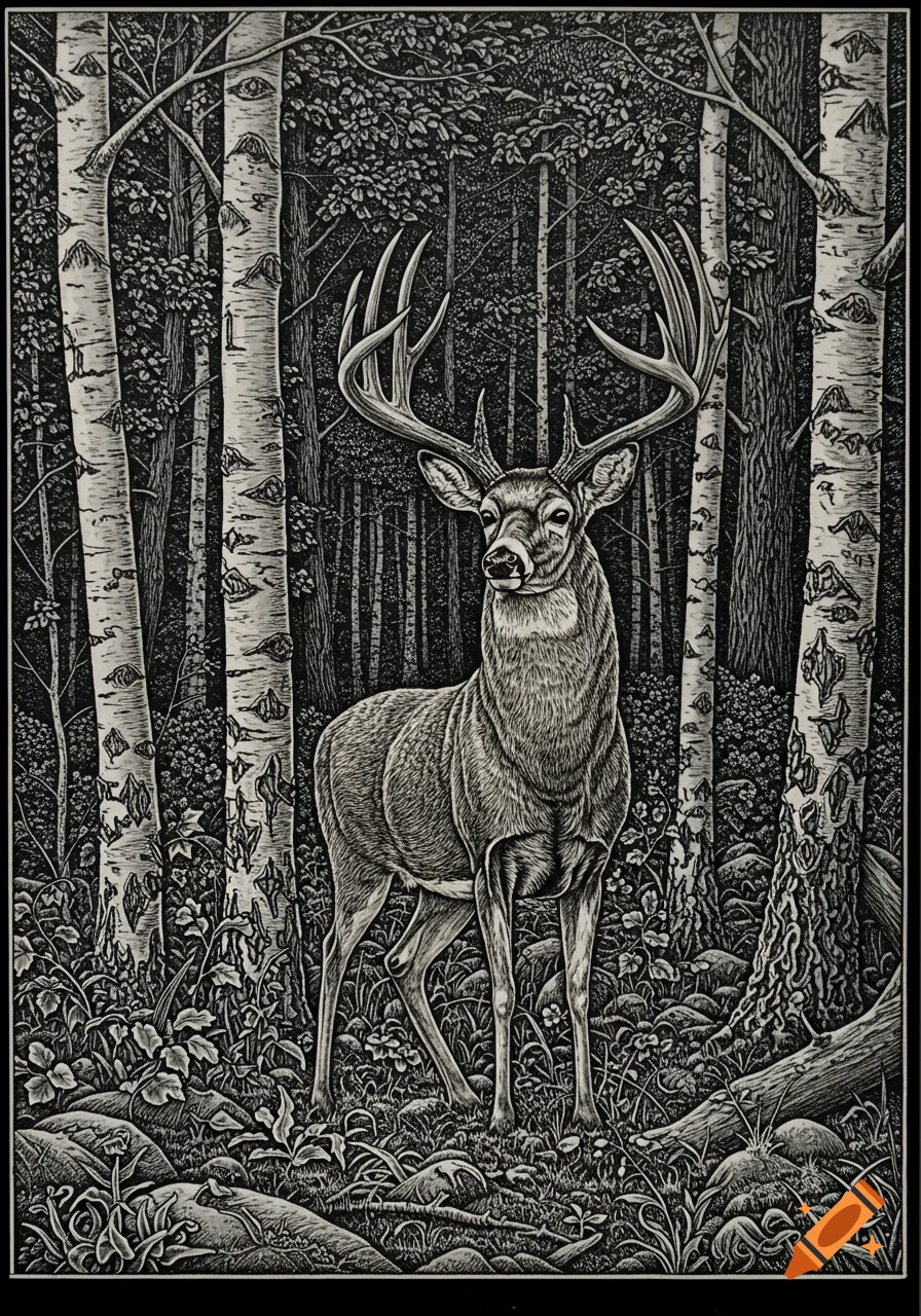 A detailed black and white engraving of a large stag with impressive antlers standing in a dense forest.
