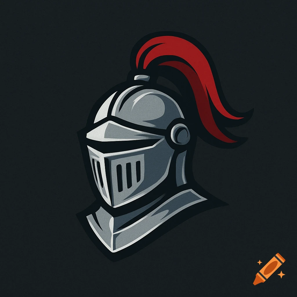 A stylized grey knight's helmet with a red plume on a dark background, in a logo style.