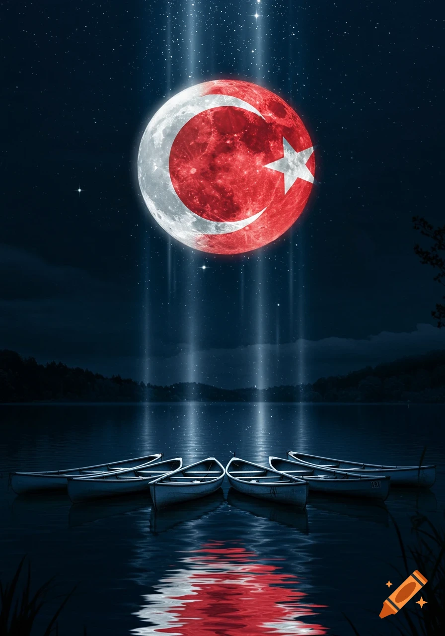 A large moon shaped like the Turkish flag illuminates a dark lake where several canoes are docked. Stars twinkle in the night sky.