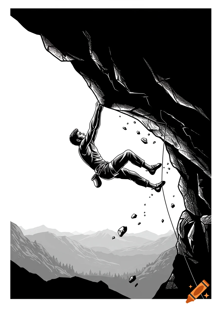 Black and white drawing of a male rock climber hanging from a rocky overhang with mountains in the background.