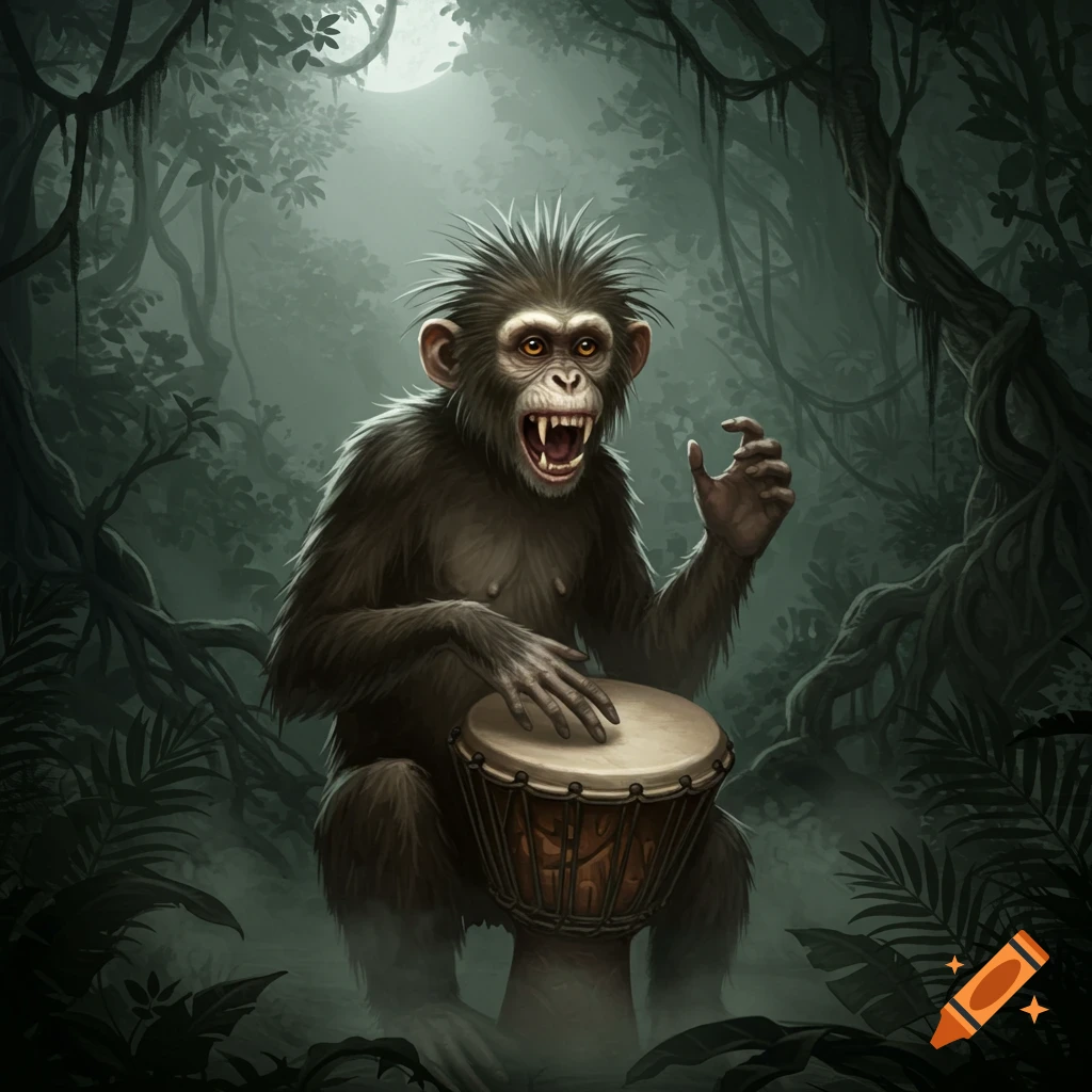 A stylized illustration of a chimpanzee with spiky hair and an open, roaring mouth, playing a djembe drum in a moonlit, misty jungle.