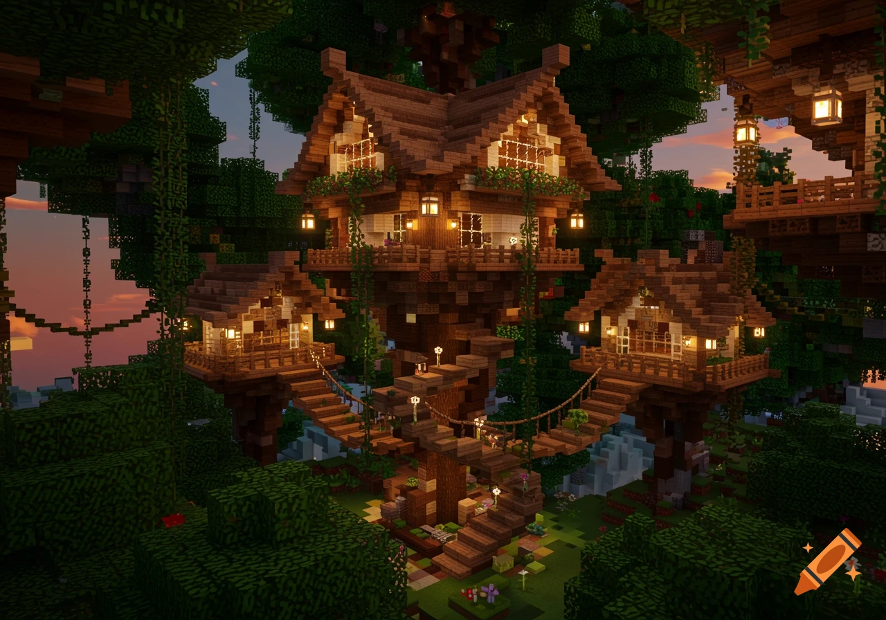 A detailed Minecraft-style treehouse village with multiple wooden structures, interconnected stairs, and glowing lanterns amidst lush foliage.