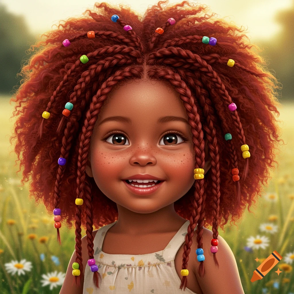 A smiling biracial child with red curly hair and braids adorned with colorful beads stands in a sunny field.