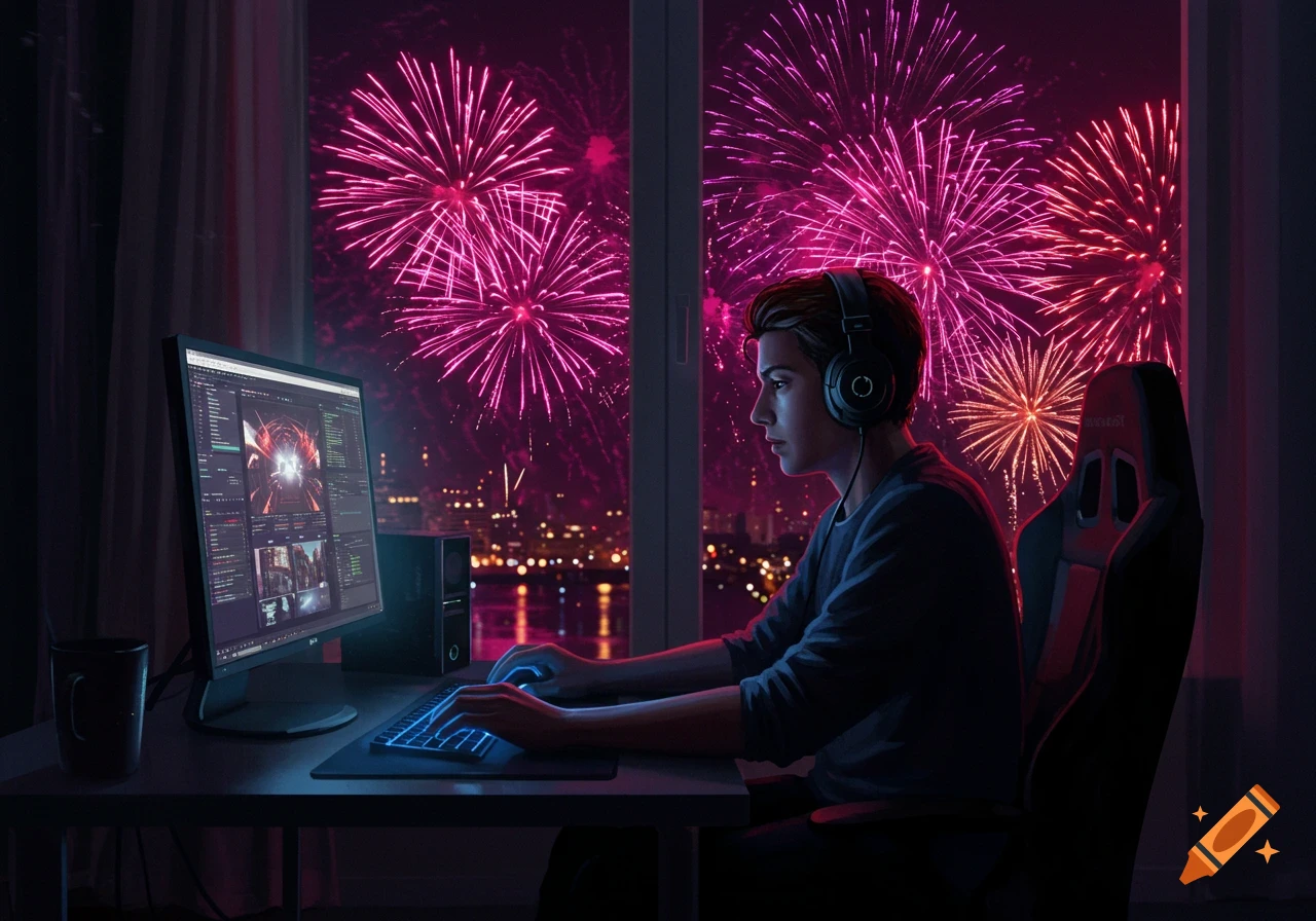 A young person wearing headphones sits at a computer desk, typing on a glowing keyboard, with vibrant pink and red fireworks exploding outside a large window overlooking a city skyline at night.