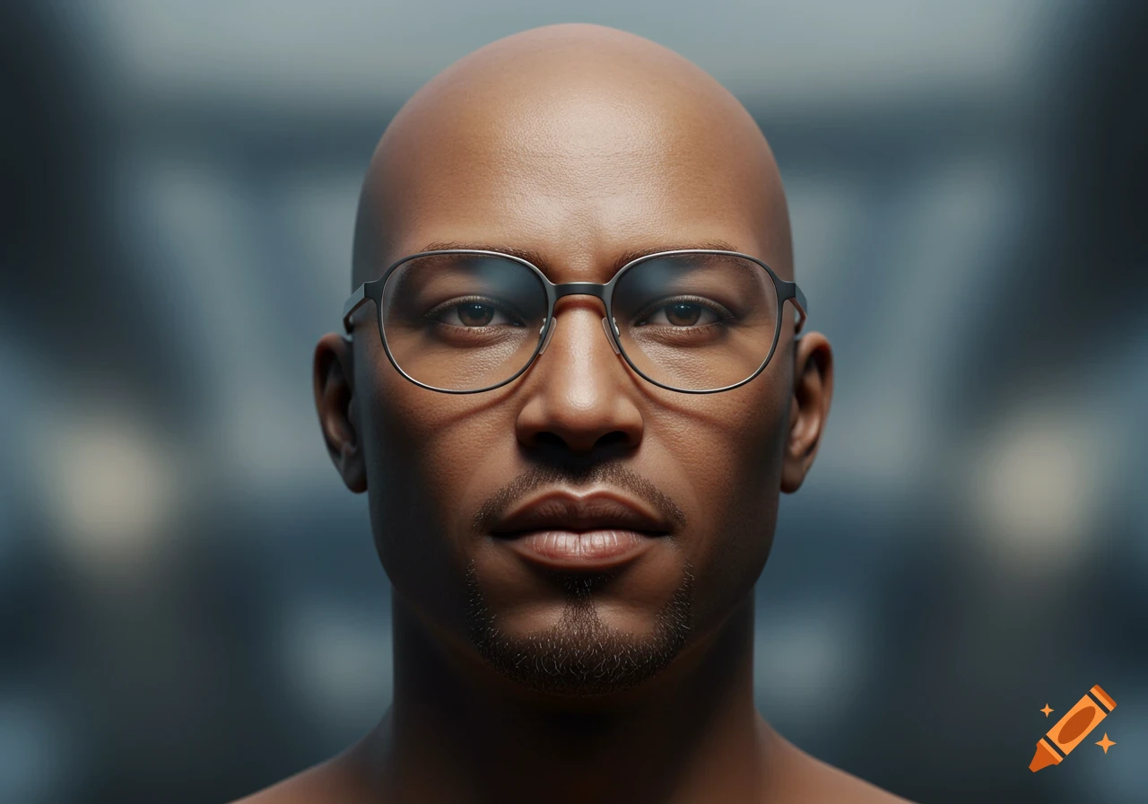 Close-up, photorealistic portrait of a bald man with glasses.