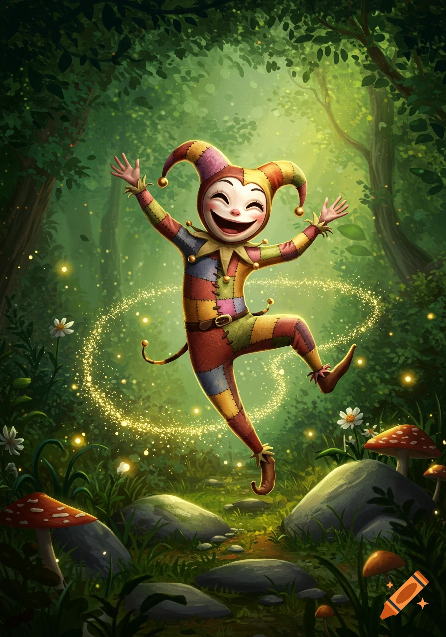A cheerful jester in a colorful patchwork costume leaps joyfully in a magical, glowing forest, surrounded by fireflies and mushrooms.