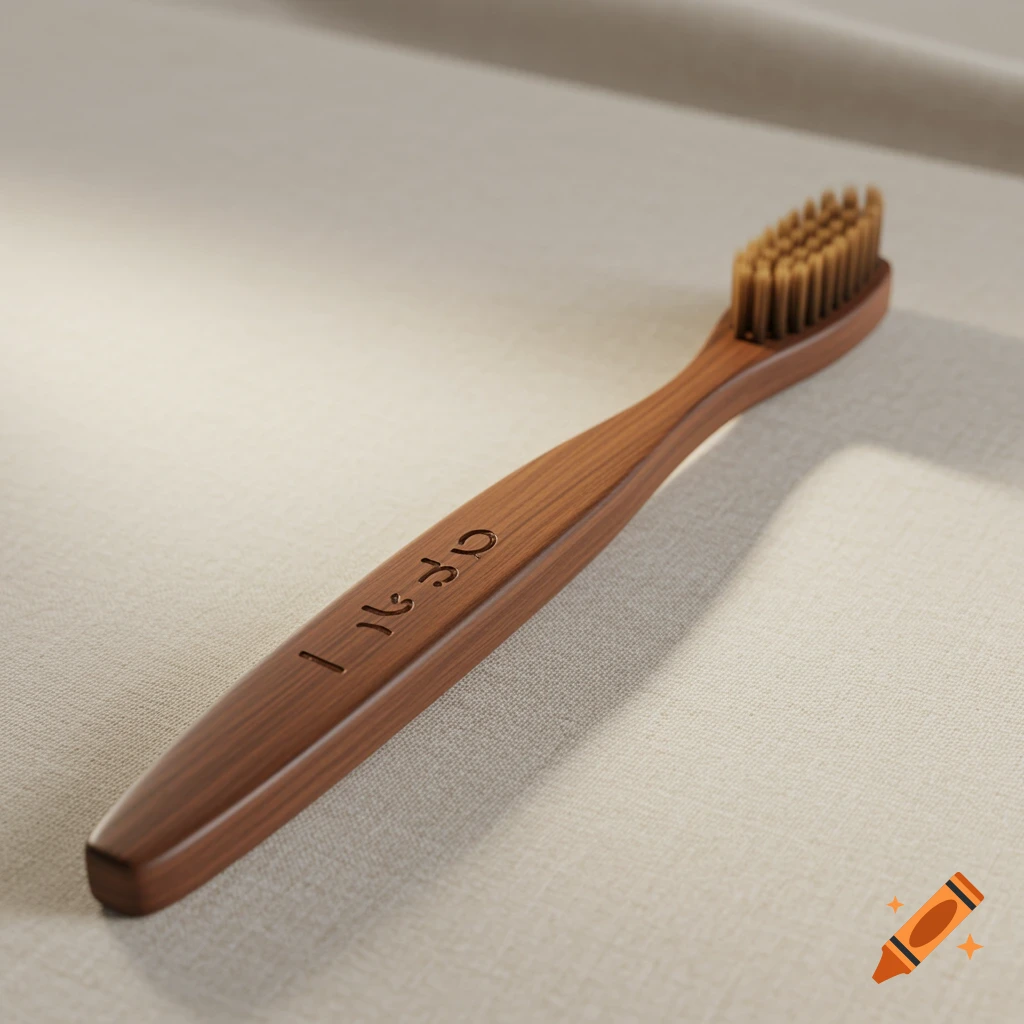 A close-up, eye-level shot of a sleek wooden toothbrush with natural-colored bristles lying on a light, textured surface.