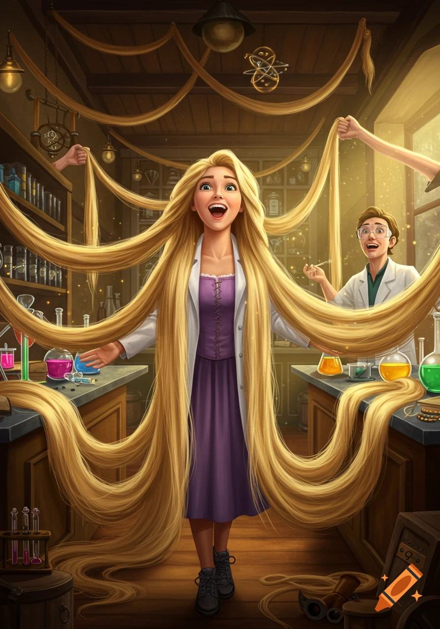 Rapunzel in a lab coat in a colorful laboratory, surrounded by her super long blonde hair, with a lab assistant.
