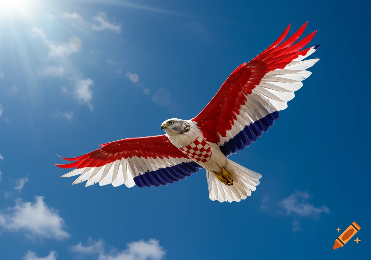 A hawk with wings colored like the Croatian flag flies against a bright blue sky with clouds and sun glare.