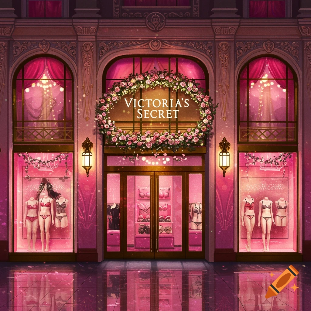 A vibrant, pink-lit Victoria's Secret storefront with mannequins displaying lingerie and a large floral wreath.