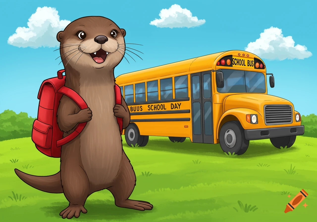 A happy brown otter wearing a red backpack stands in a grassy field with a yellow school bus in the background under a blue sky.