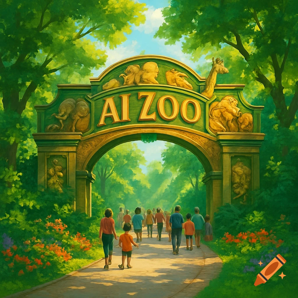 Painting of an AI Zoo entrance with a large archway sign and people walking on a path surrounded by lush green trees.