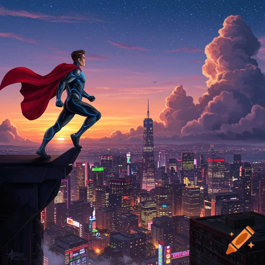 A superhero in a blue and black suit with a red cape stands on a building overlooking a vibrant city at sunset.
