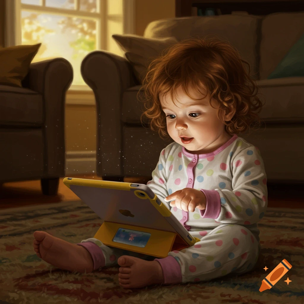 A toddler with red curly hair sits on a rug, looking at and touching a tablet in a dimly lit room with sunlight streaming in. Digital art.