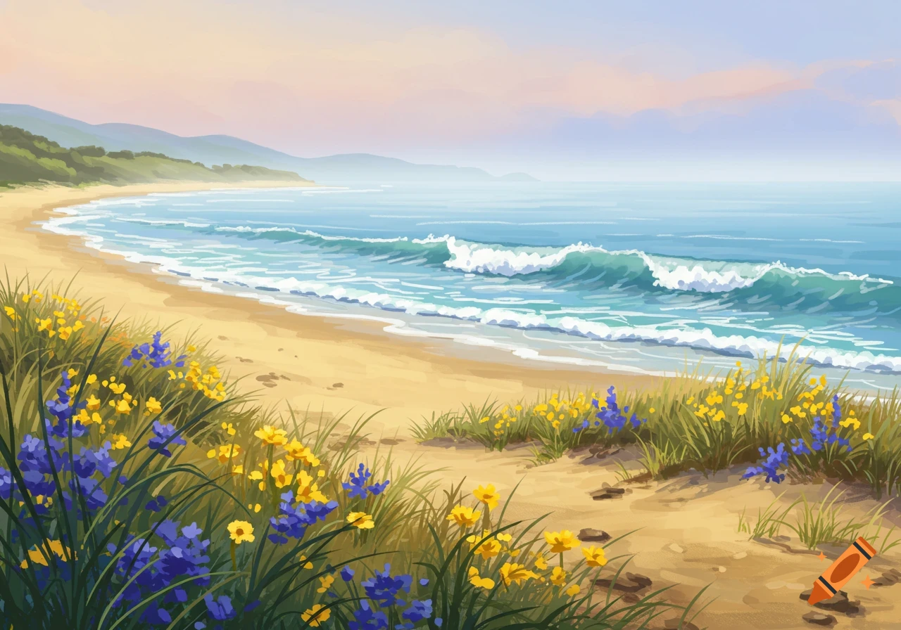 A stylized painting of a beach with blue waves, golden sand, and vibrant yellow and purple wildflowers.