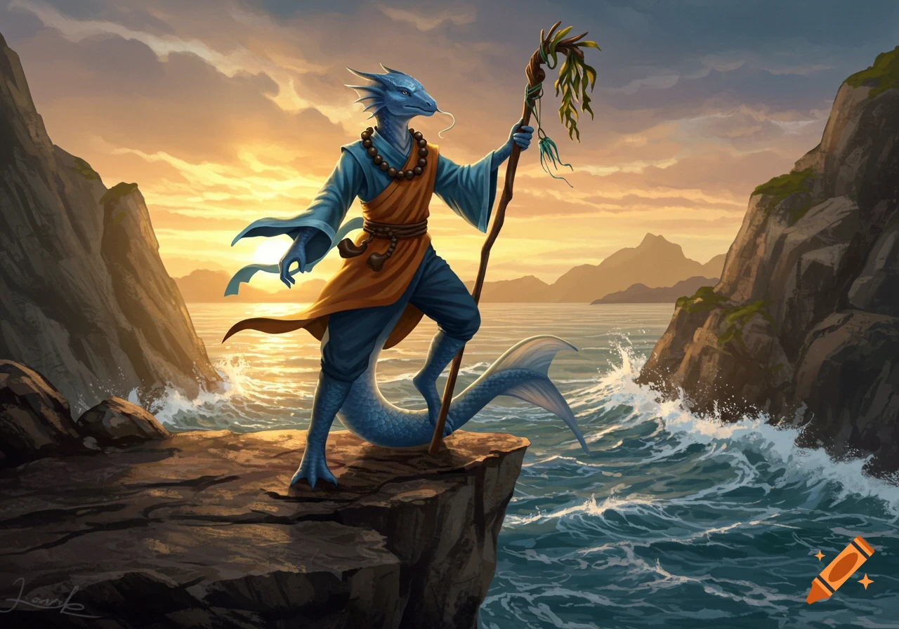 A blue triton monk with a staff stands on a rocky cliff overlooking a turbulent sea at sunset.