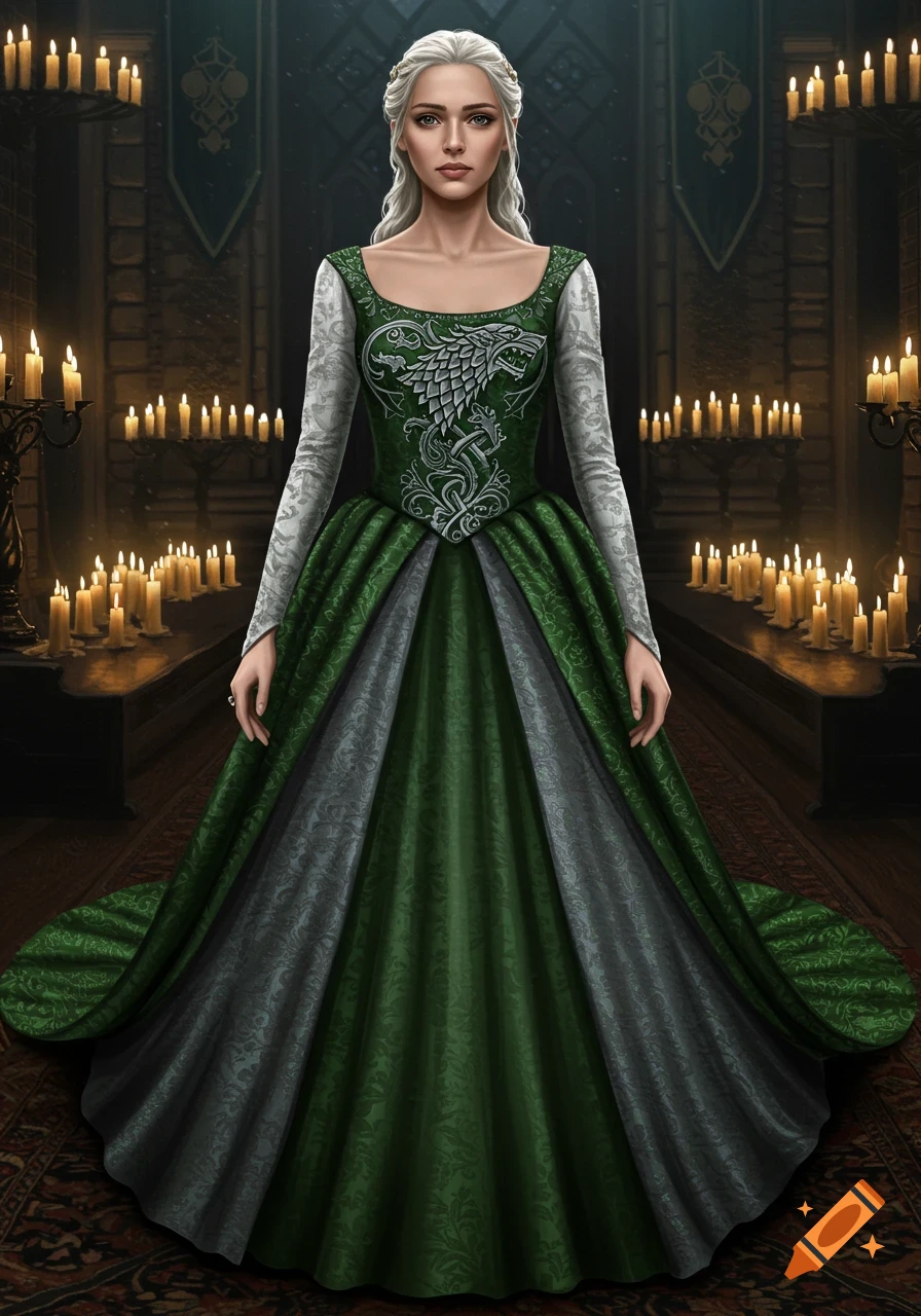 A woman with long white hair stands centrally, wearing a dark green medieval-style gown with a gray wolf sigil on the bodice, in a candlelit stone hall.