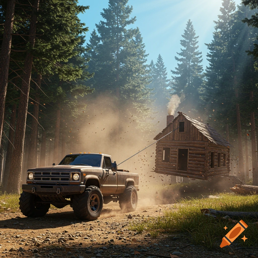 A brown pickup truck pulls a log cabin through a dusty forest road with a cable.