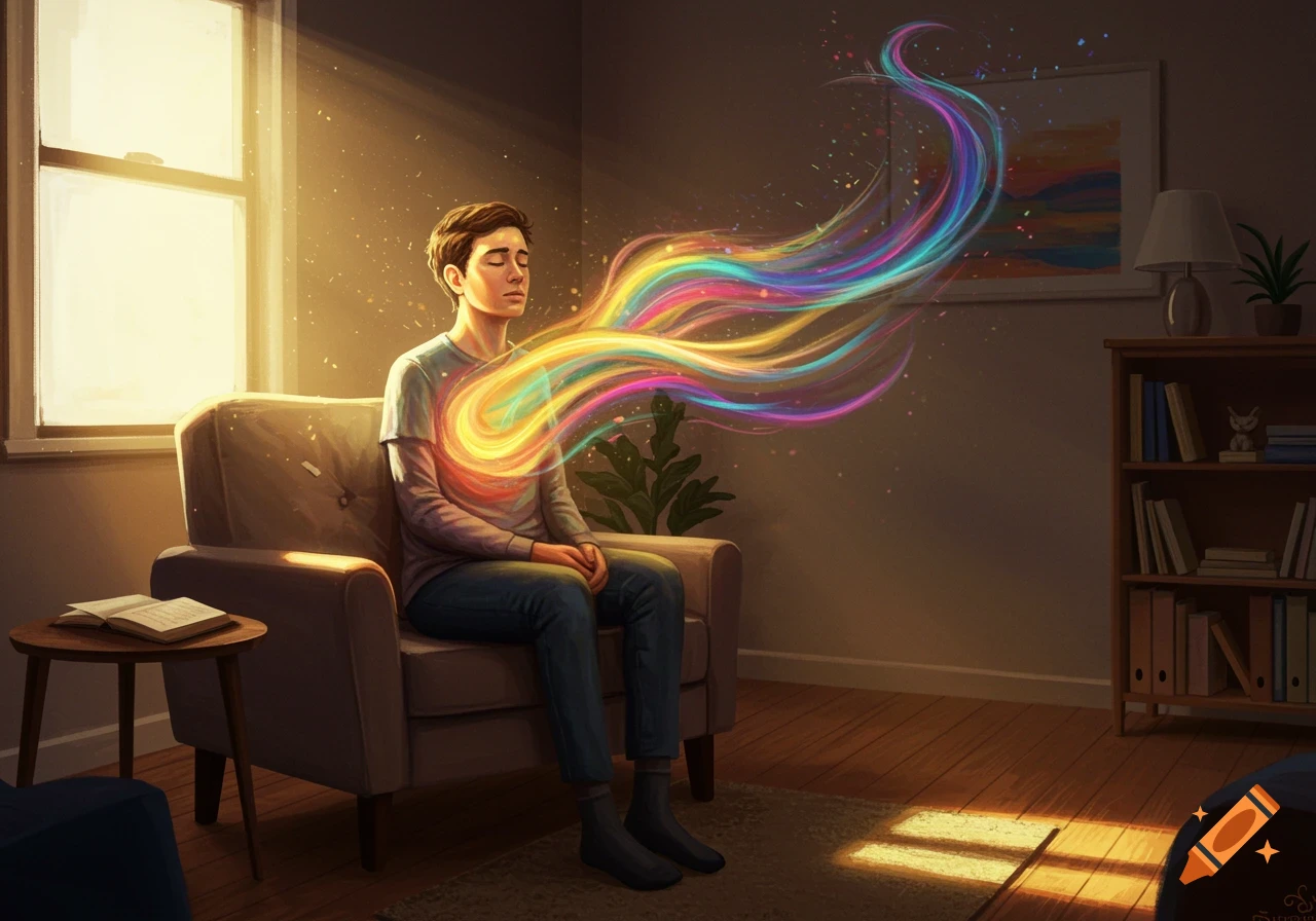 A person meditates in a sunlit room, with vibrant, colorful energy flowing from their chest.