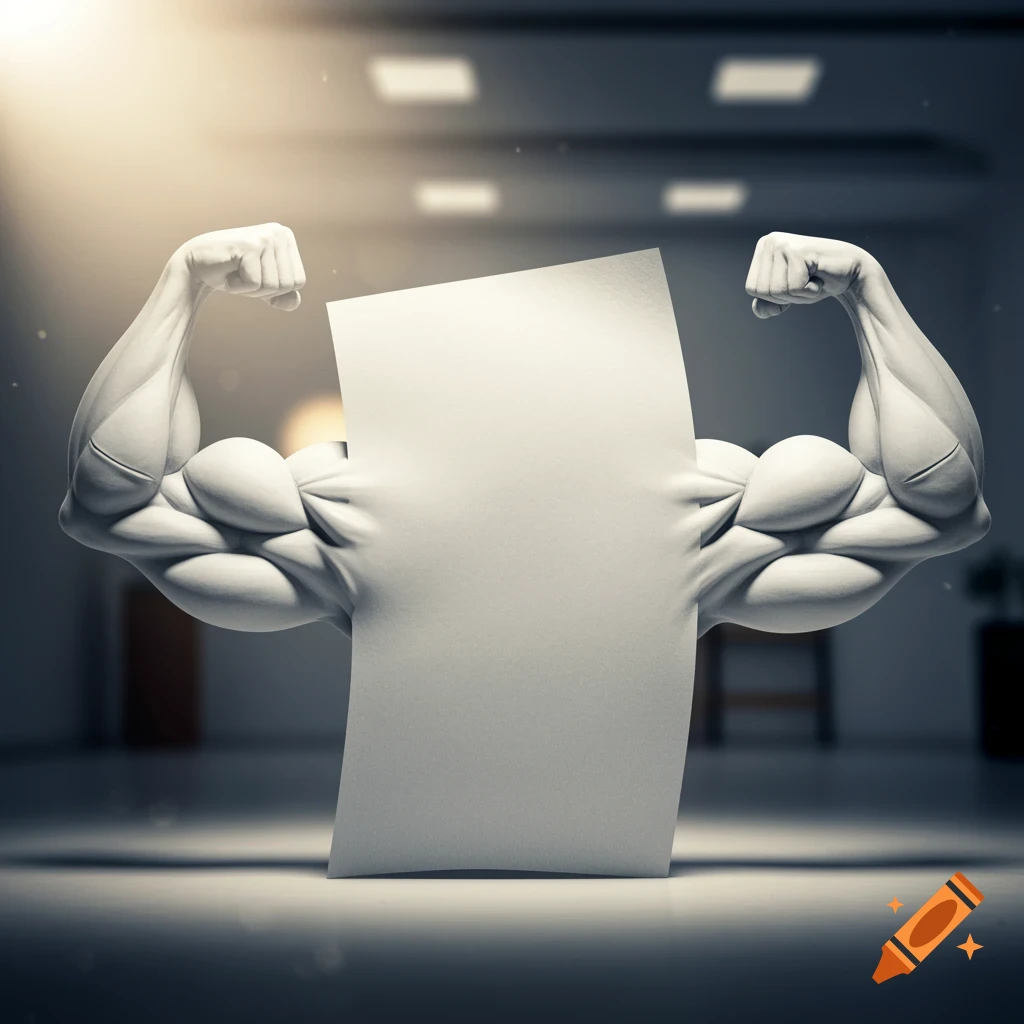 A white sheet of paper with large, muscular arms flexing on either side, set in a blurry office environment.