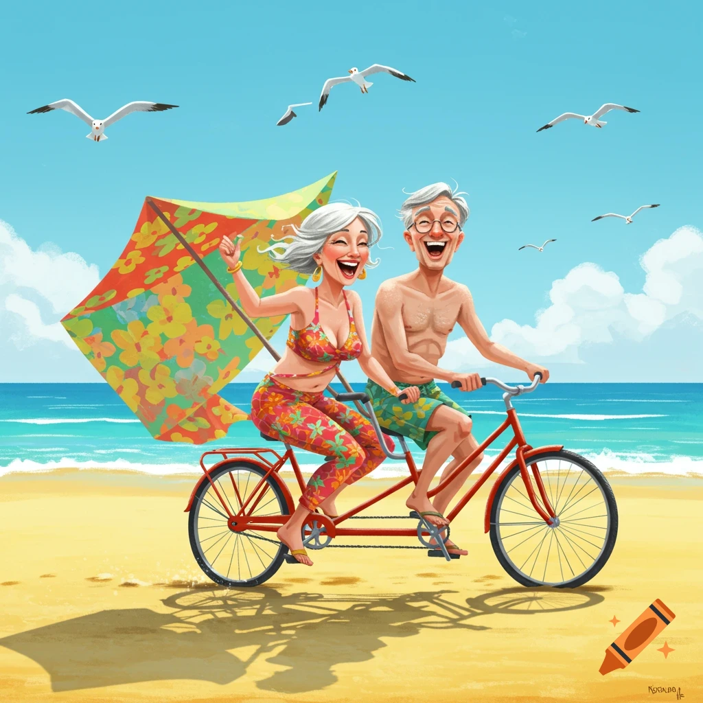 Illustration of an elderly couple joyfully riding a tandem bicycle on a sunny beach with seagulls flying overhead.