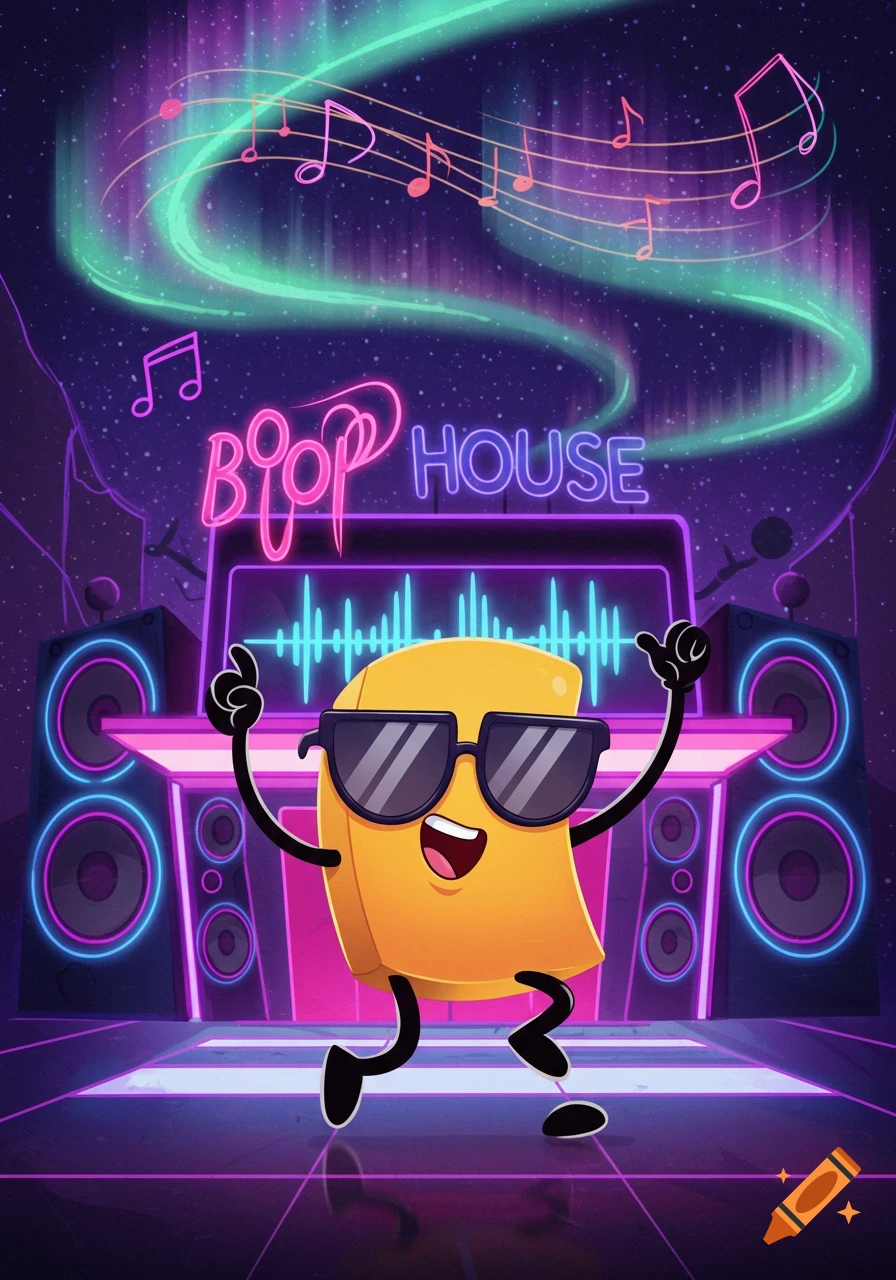 A yellow cartoon character wearing sunglasses dances on a neon stage in a purple club, with music notes and a 'BOOP HOUSE' neon sign in the background.