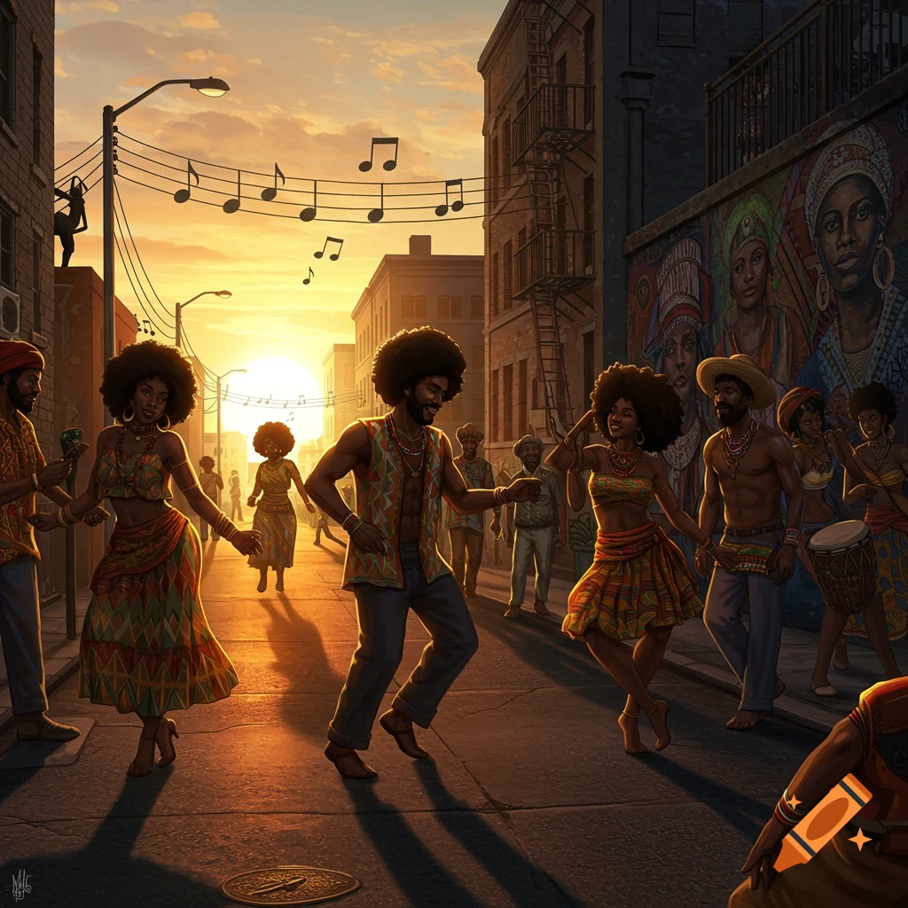 African Americans dancing in a street at sunset with musical notes above and a mural on a building.