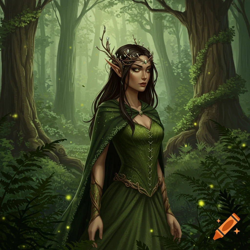 A female wood elf with dark hair, green dress, and an elemental headband stands in an enchanted forest.