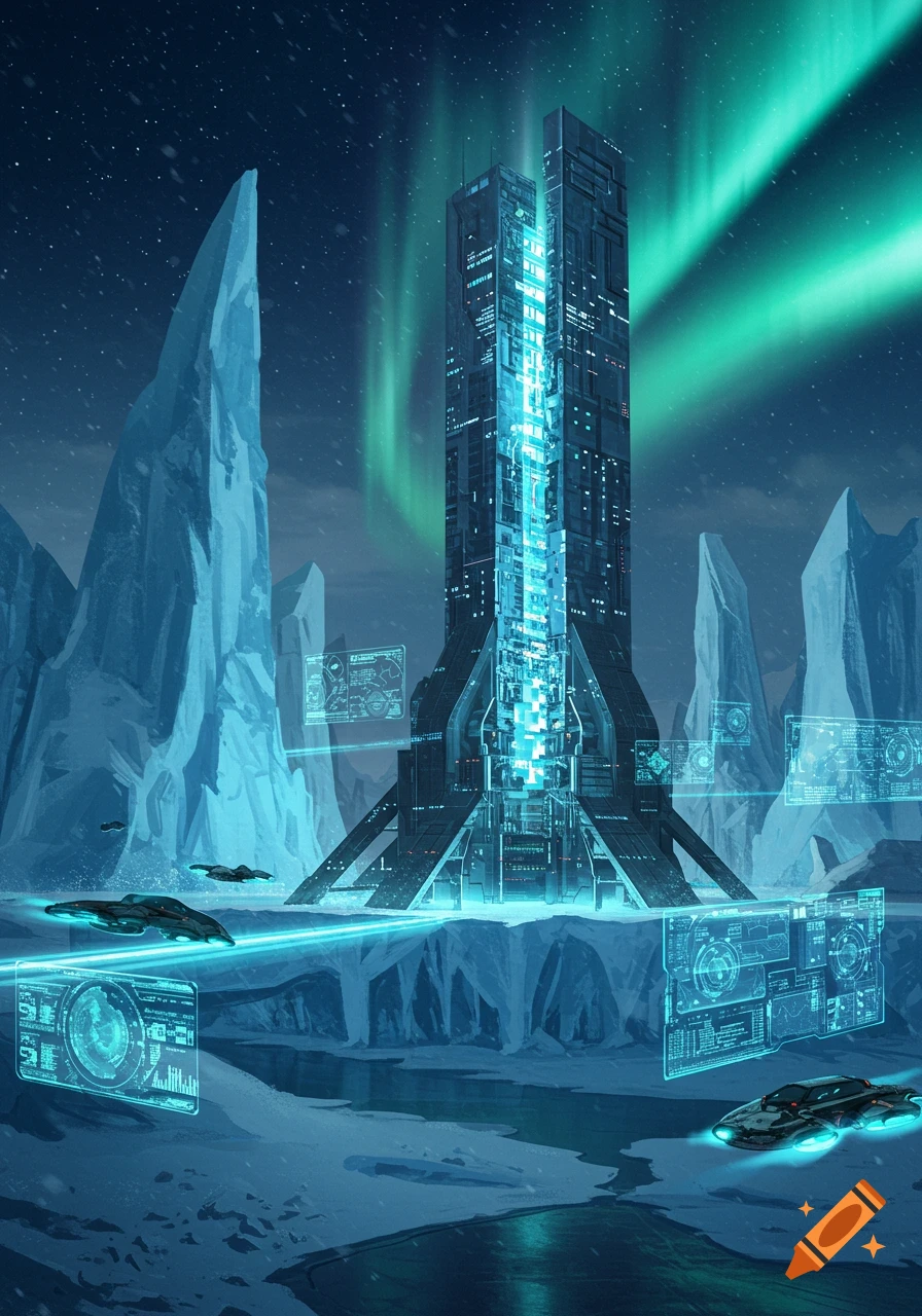 A futuristic city building with a glowing central core, surrounded by ice formations under an aurora borealis. Hovercrafts and holographic interfaces are visible.