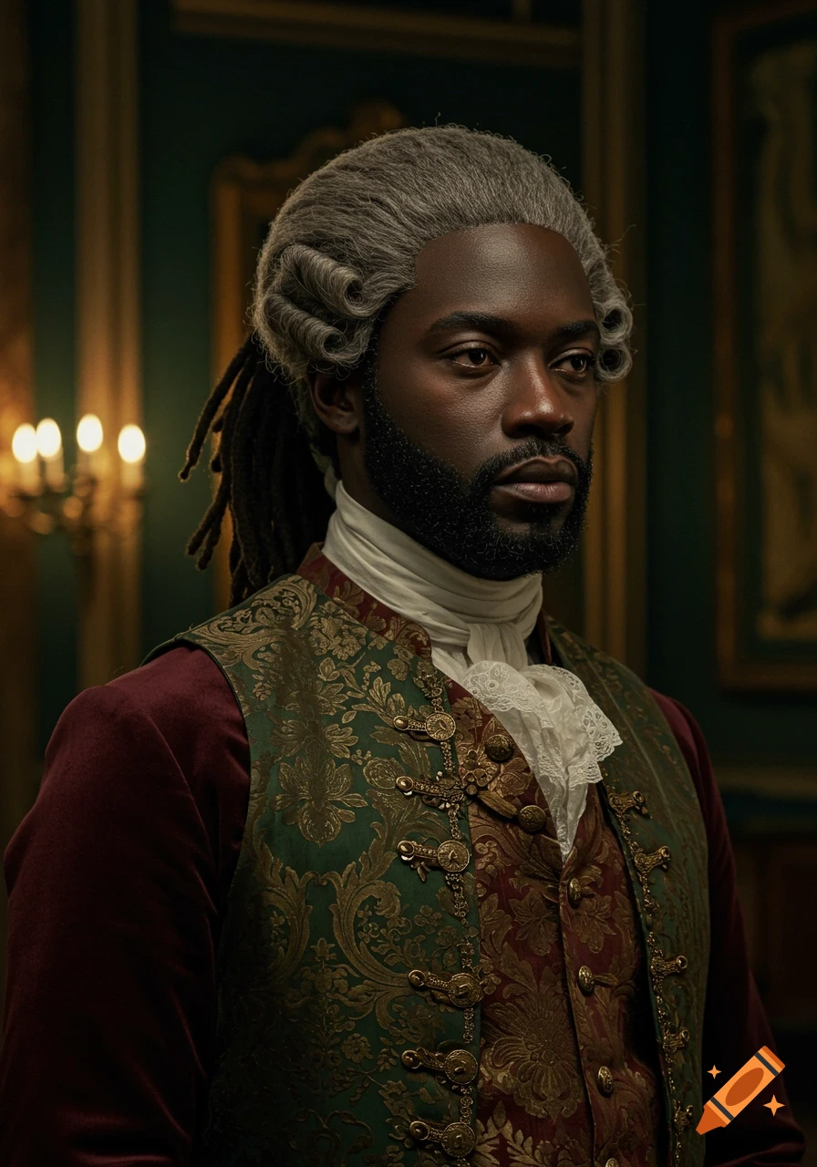 A photorealistic portrait of an African American man in 18th-century period costume with a powdered wig and dreadlocks, against a dark, opulent background.