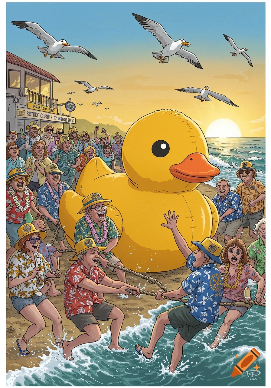 A crowd of people in Hawaiian shirts tug a giant inflatable rubber duck on a beach at sunset with seagulls flying.