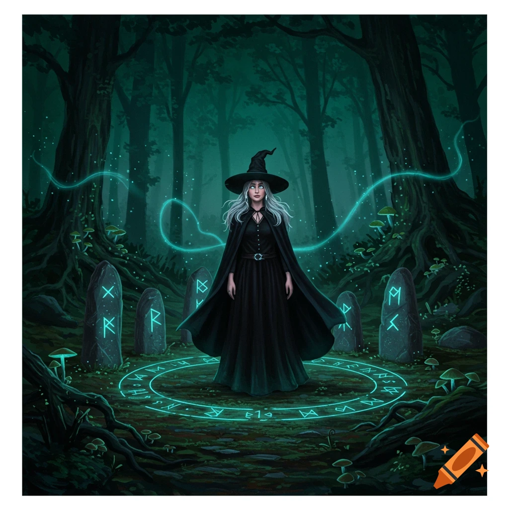 A white-haired witch in a black dress and hat stands in a dark magical forest circle surrounded by glowing runes and mystical energy.