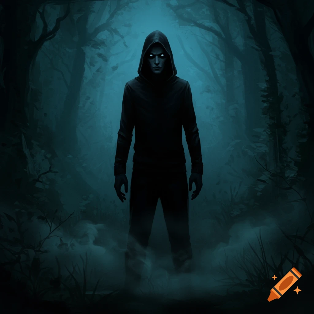 A dark, hooded figure with glowing white eyes stands in a foggy, eerie forest, in a dark fantasy art style.