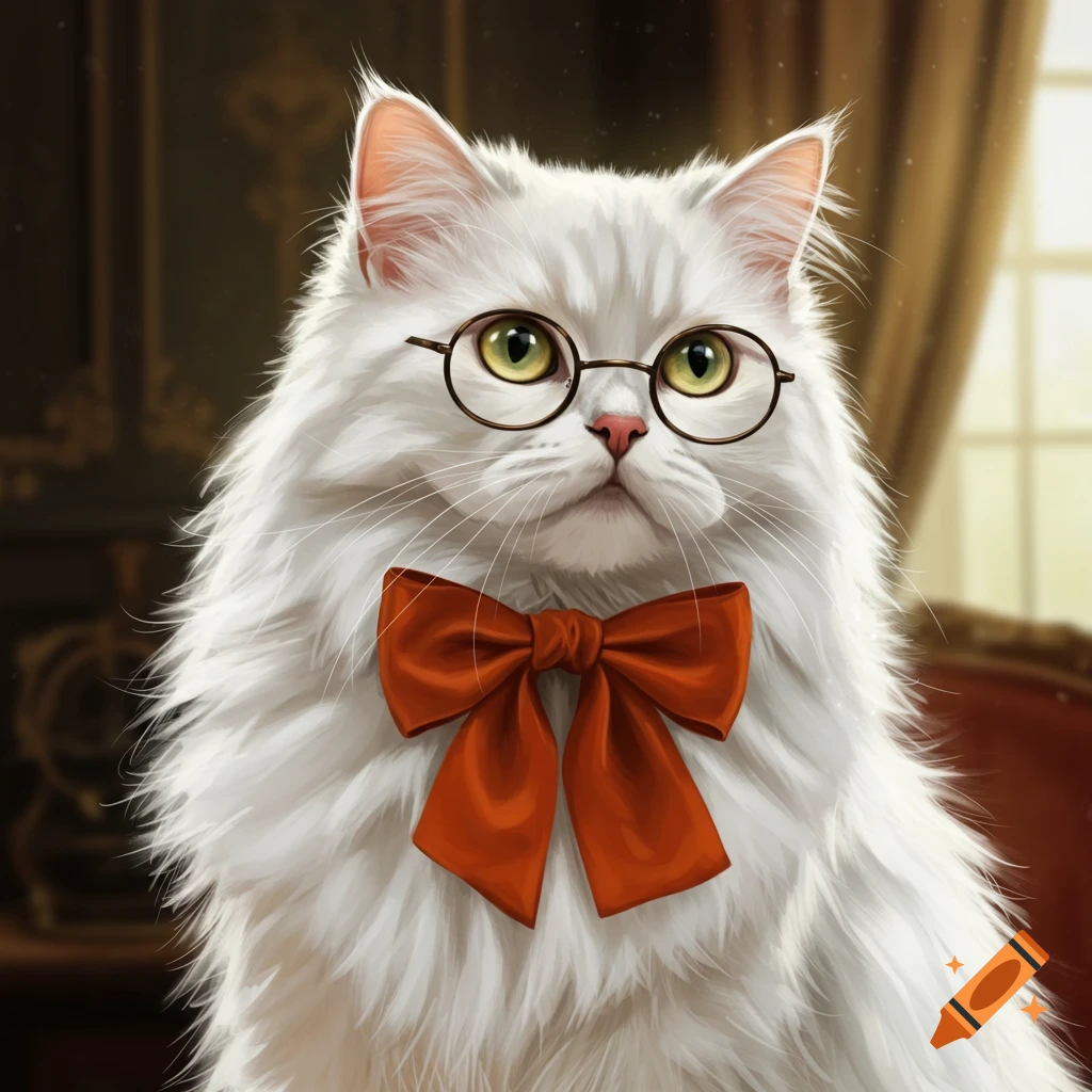A fluffy white cat with yellow eyes, wearing round glasses and a red bow tie, looks directly at the viewer.