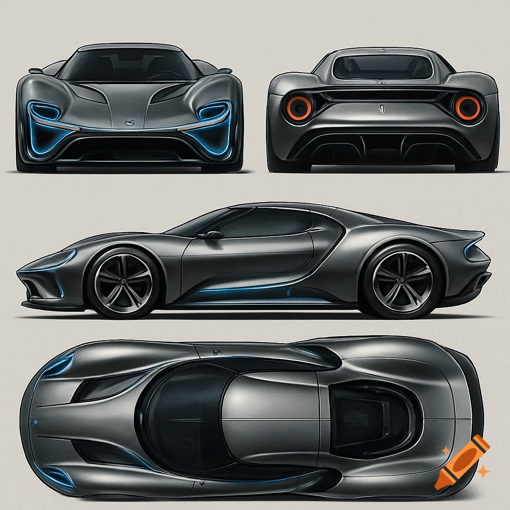 Orthographic views of a futuristic gray concept car with blue glowing accents, from front, back, side, and top.