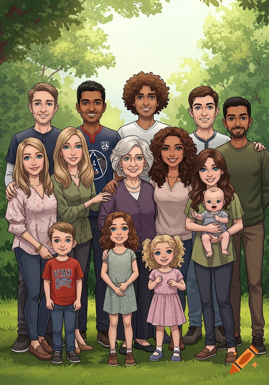 A large cartoon family portrait with thirteen people of various ages and ethnicities posing outdoors among trees and green grass.