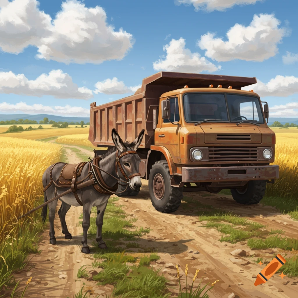 A harnessed donkey and a brown dump truck on a dirt road in a golden wheat field under a blue sky, illustrated.