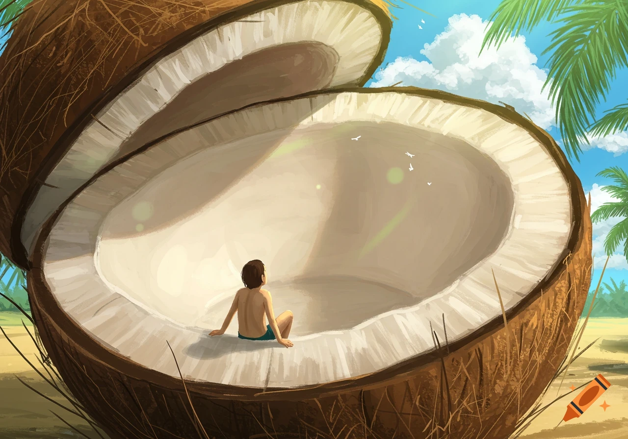 A small person sits inside a giant, cracked-open coconut on a sunny beach, with palm trees and birds in the background, in an illustrated style.