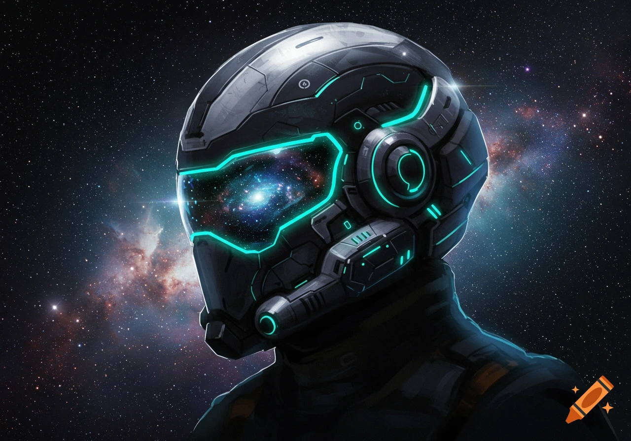 A close-up of a futuristic silver and black helmet with glowing turquoise accents, reflecting a galaxy in its visor against a starry space background.