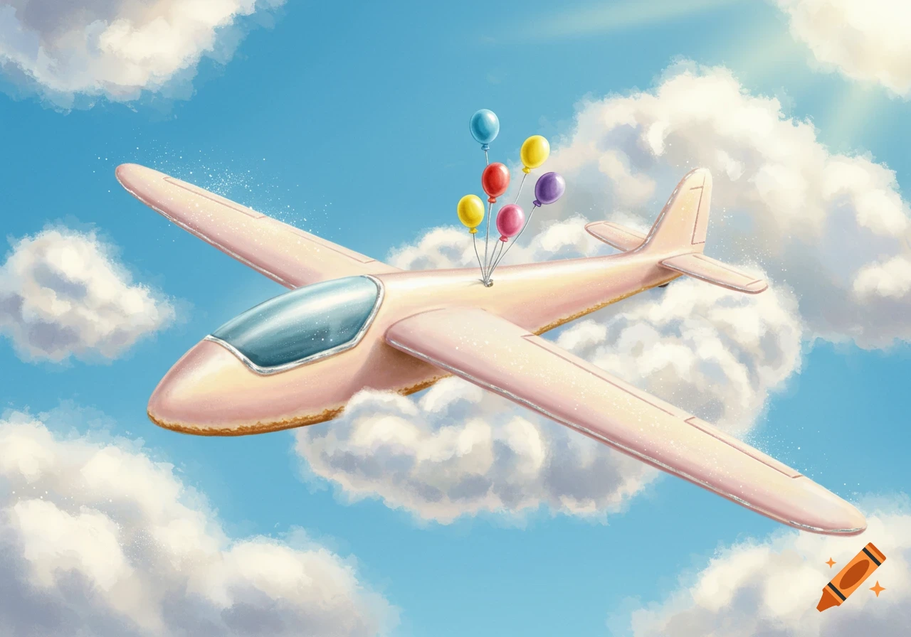 A whimsical illustration of a light pink glider plane with colorful balloons attached, flying through a blue sky with fluffy white clouds.